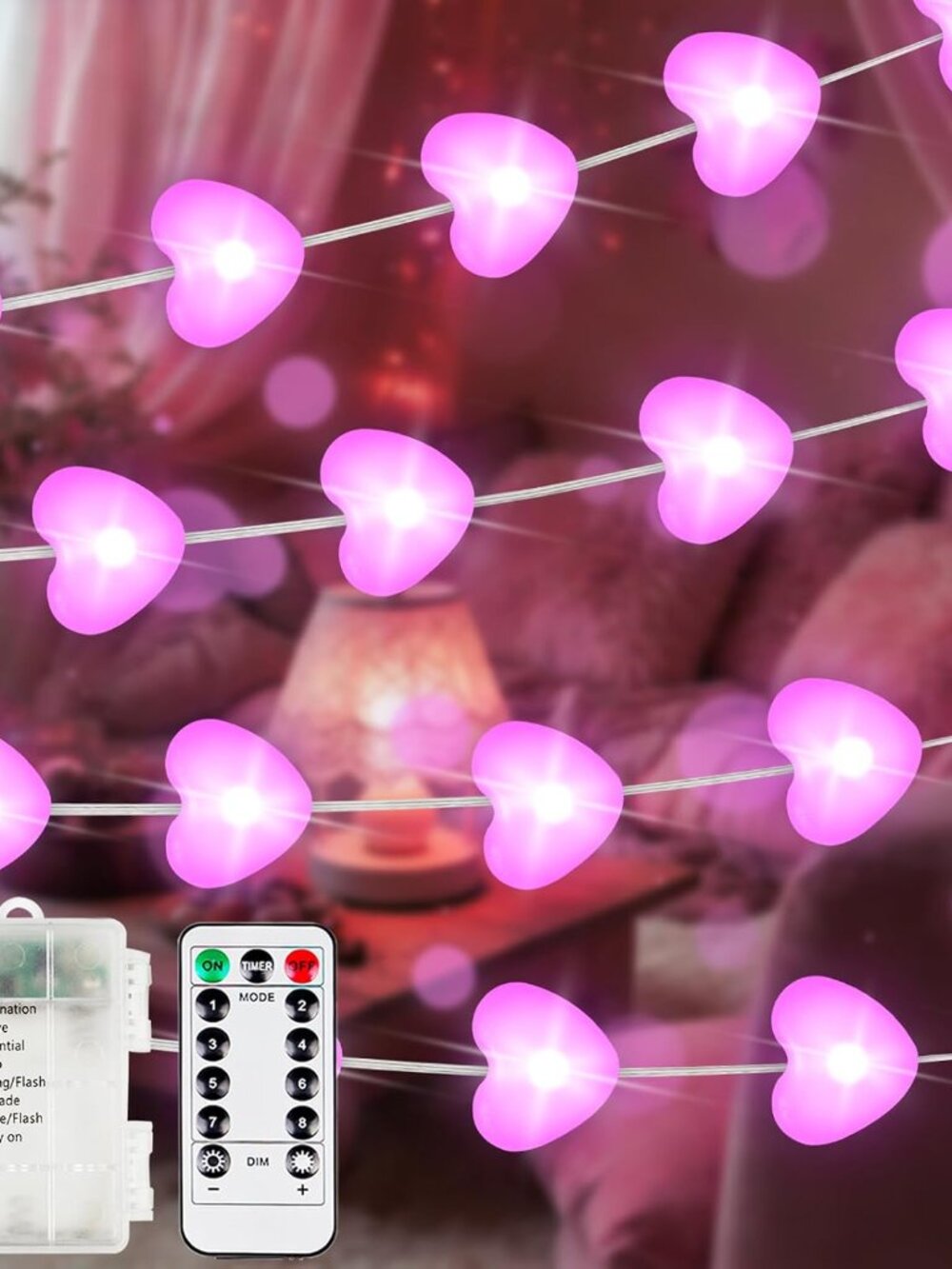 Pink Heart Fairy Lights Battery Operated 30 LED String lights Valentines